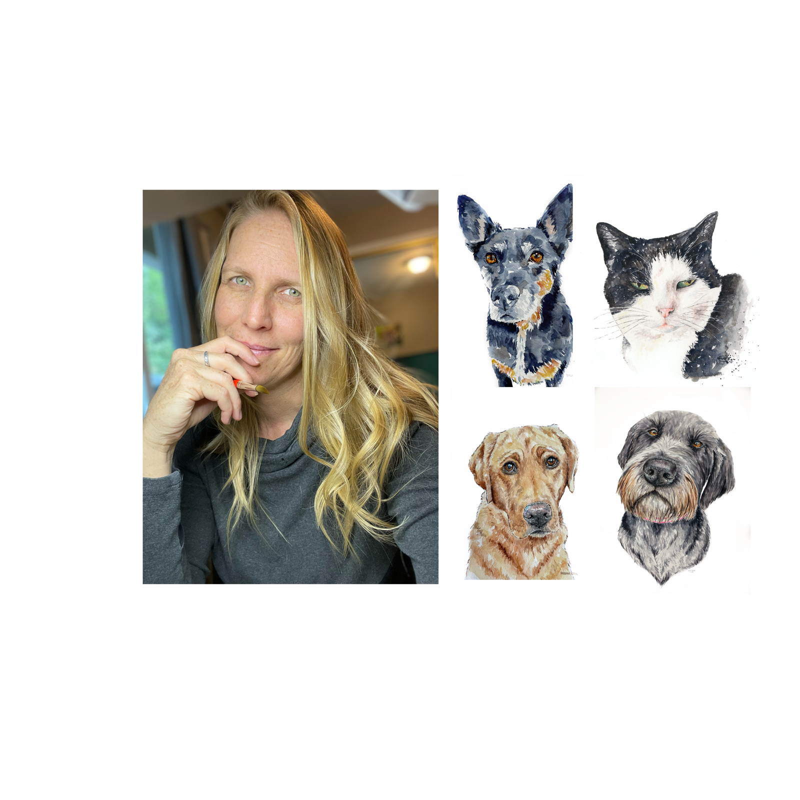 Breanne Craig with a collection of her watercolor pet portraits