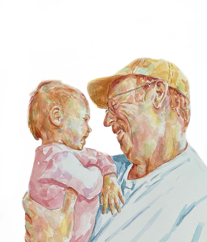 Watercolor portrait of a grandfather holding a baby